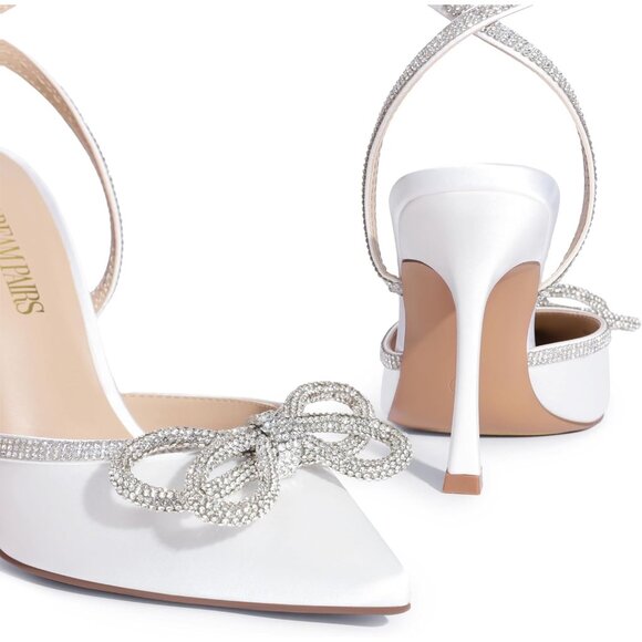 🆕 Women White Ankle Strap Sparkly Bow Shine Star Wrap-Around High-Heel Pumps - Picture 6 of 8